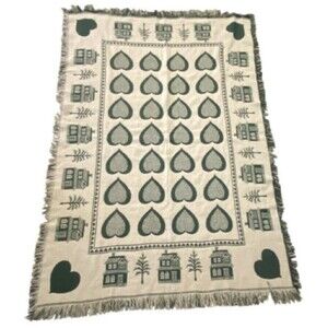 Vtg Tapestry Throw Blanket Green White Hearts Country Chic Cottagecore 68”x47”